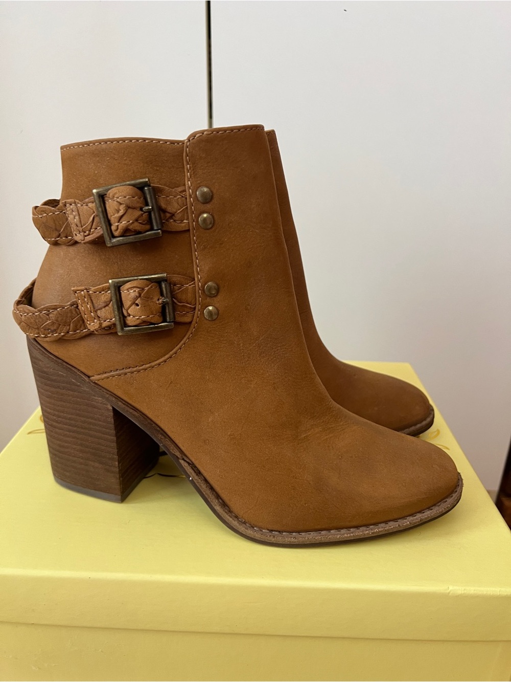 Steve Madden Tan Braided-Strap Ankle Booties
